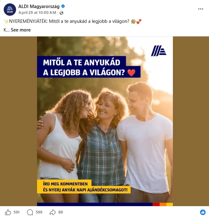 Az ALDI marketingje anyák napi nyereményjátékkal ösztönzi aktivitásra a követőket Az ALDI marketingje anyák napi nyereményjátékkal ösztönzi aktivitásra a követőket