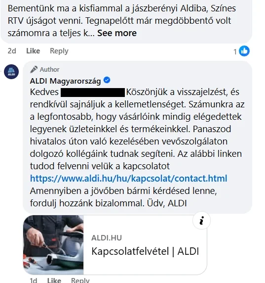 Az ALDI marketingesei segítőkészen reagálnak egy negatív kommentre Az ALDI marketingesei segítőkészen reagálnak egy negatív kommentre