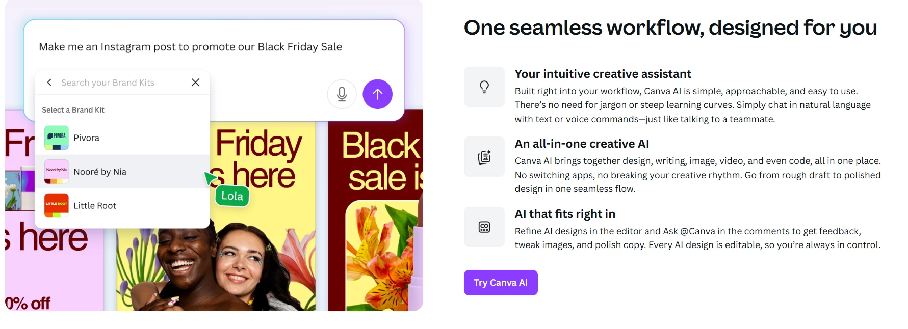 A Canva AI képszerkesztő felülete, ahol szövegből generált dizájn látható A Canva AI képszerkesztő felülete, ahol szövegből generált dizájn látható
