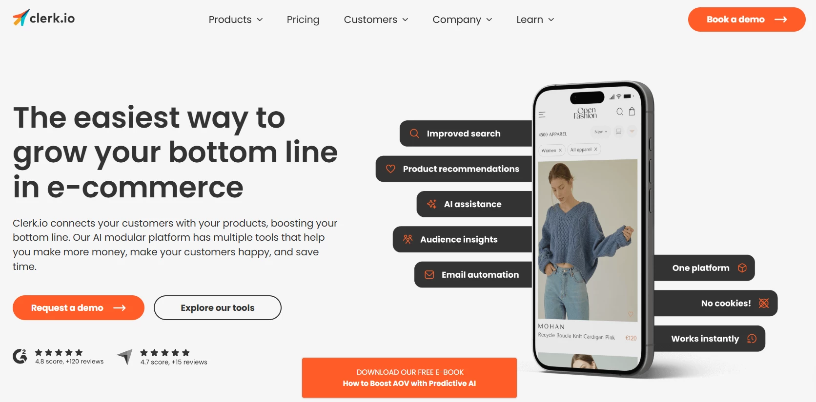 A Clerk.io AI-alapú kereső- és ajánlórendszerének főoldala, a szoftver előnyeinek felsorolásával A Clerk.io AI-alapú kereső- és ajánlórendszerének főoldala, a szoftver előnyeinek felsorolásával