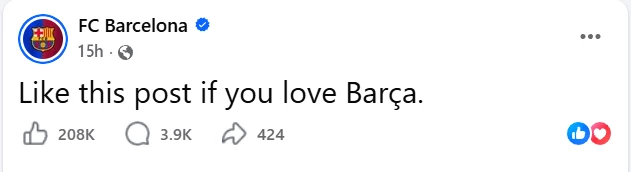 Egy sz&ouml;vege Facebook-poszt az FC Barcelona oldal&aacute;n. A poszt sz&ouml;vege: &ldquo;Like this post if you love Barca.&rdquo; A l&aacute;jkok sz&aacute;ma 208 ezer.