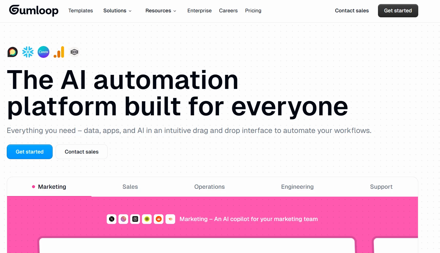 A Gumloop nevű AI-automatizációs platform főoldala, címmel és rövid leírással A Gumloop nevű AI-automatizációs platform főoldala, címmel és rövid leírással