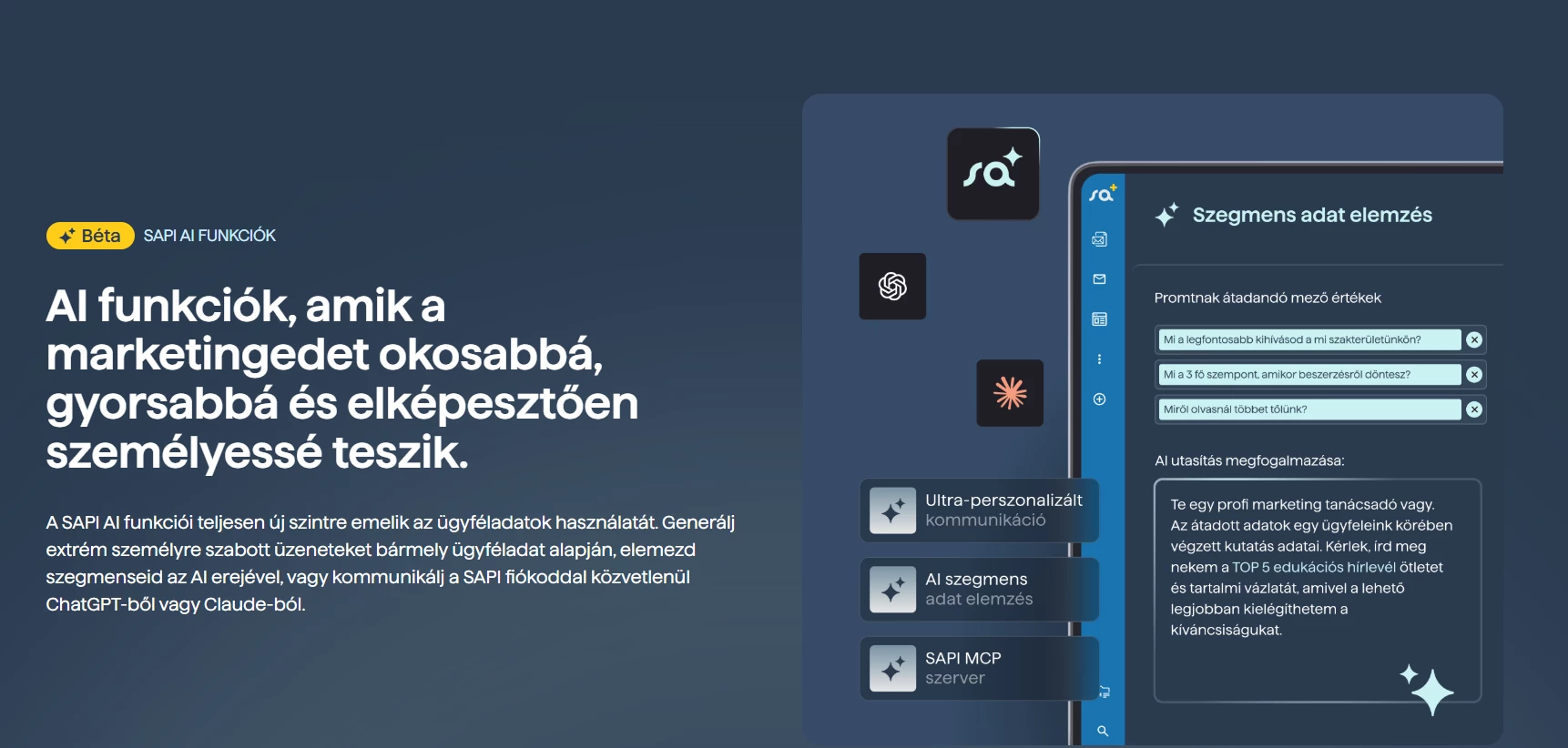A SalesAutopilot SAPI AI rövid leírása és egy kép a szegmens adat elemzésről az AI-eszköz platformján A SalesAutopilot SAPI AI rövid leírása és egy kép a szegmens adat elemzésről az AI-eszköz platformján